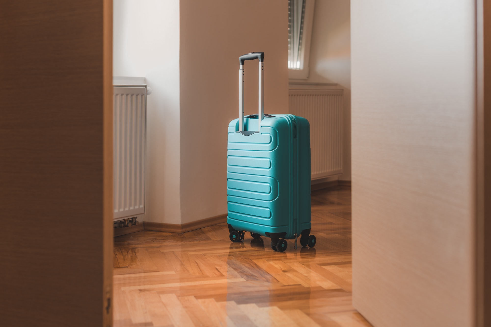 Travel suitcase behind the open door of hotel apartment room